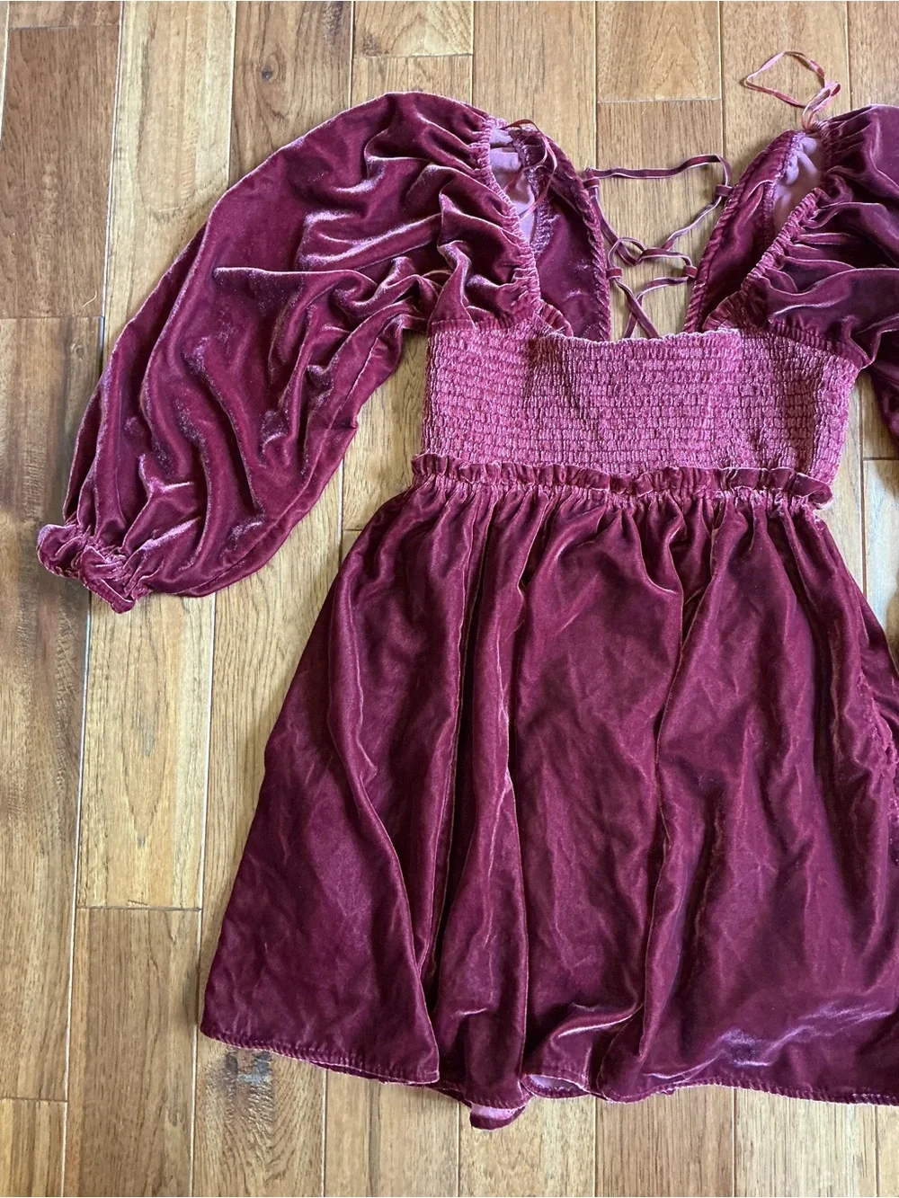 Free People Daphne‎ Velvet Mini Dress Open Lace-up Back, Deep Red, Maroon, Small